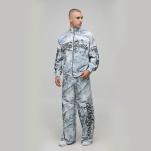 Boxy Fit Funnel Neck Zip Through Rhinestone Camo Woven Tracksuit