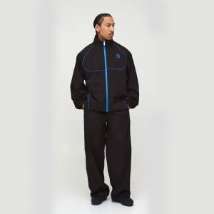 Oversized Funnel Neck Zip Through Nylon Pipe Detail Tracksuit