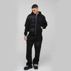 Oversized Boxy Official Tonal Print Zip Hooded Tracksuit